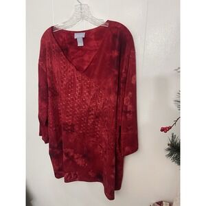 Liz & Me 3X Red 3/4 Sleeve Stretchy Knit Top V Neck Sequin EUC